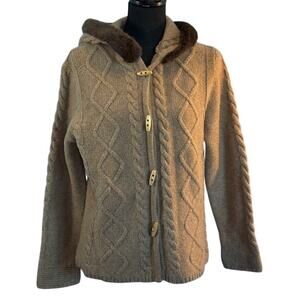 Carole Little Pet. 100% Lambswool Cardigan Sweater Hood Toggle Close PL Faux Fur